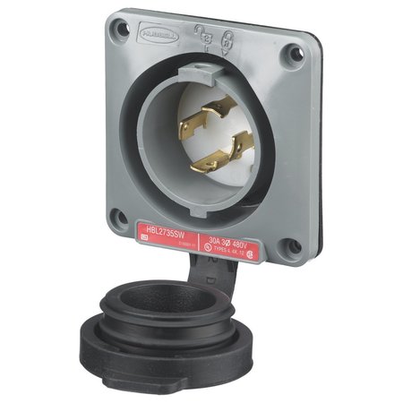 HUBBELL WIRING DEVICE-KELLEMS Locking Devices, Twist-Lock®, Watertight Safety Shroud, Flanged Inlet, 30A 3-Phase Delta 480V AC, 3-Pole 4-Wire Grounding, L16-30P, Screw Terminal HBL2735SW